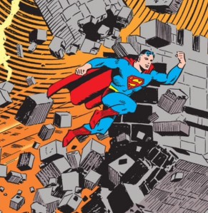 With one mighty leap, the Golden Age Superman shatters a castle wall. 