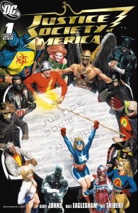 The cover of "Justice Society of America" No. 1 and the beginning of "The Next Age."