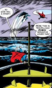 Superman tosses Batman at a getaway helicopter.