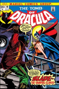 Blade gets ready to shank our undead star in "Tomb of Dracula" No. 10.