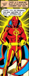 Red Tornado dons his new costume.