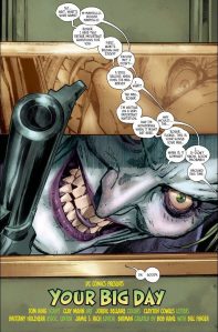 The Joker peeks through the mail slot. The mailman is probably running for his life. 